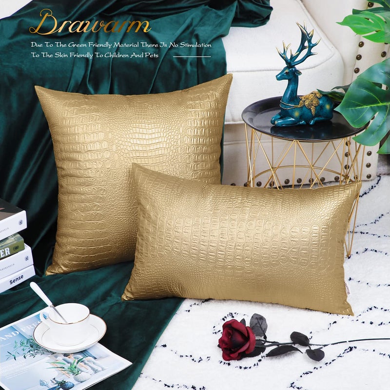 BRAWARM Faux Leather Pillow Covers 20 X 20 Inches, Gold Leather Pillow Covers Pack of 2, Crocodile Leather Decorative Throw Pillows for Living Room Couch Bed Sofa Home - Image 4